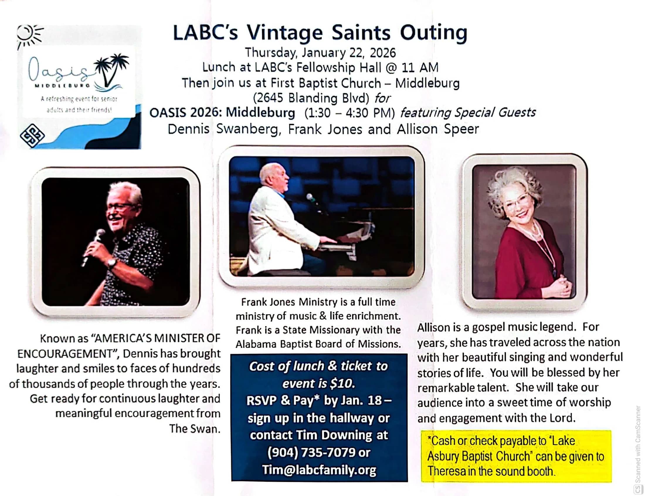 Flyer for LABC's Vintage Saints Outing, an event for seniors on January 22, 2026, featuring guests Dennis Swanberg, Frank Jones, and Allison Speer.